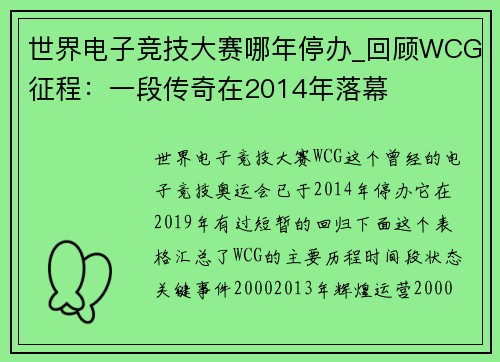 世界电子竞技大赛哪年停办_回顾WCG征程：一段传奇在2014年落幕